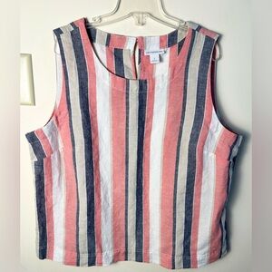 Liz‎ Claiborne Sleeveless Top Women’s L Stripes Preppy BOHO Linen Blend Coastal